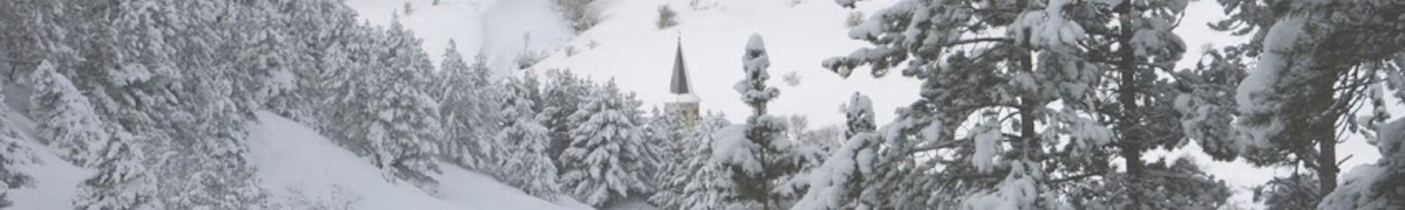 Ladera nevada con pinos enmarcando una silueta de aguja como de iglesia a lo lejos, tonos blancos y grises, atmósfera invernal tranquila